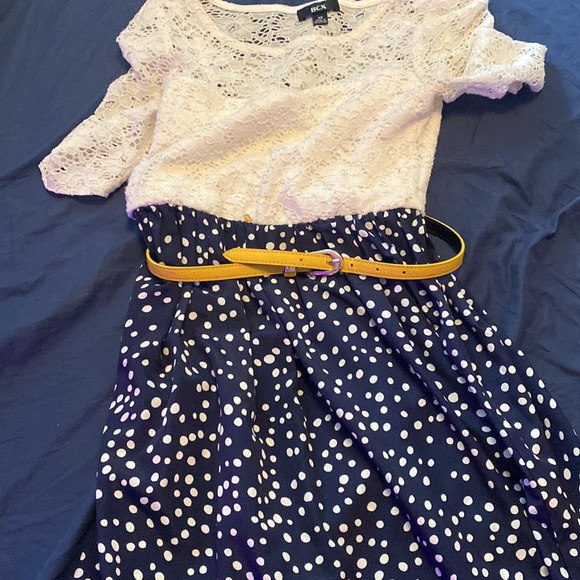 White and navy dress with yellow belt - Picture 2 of 3